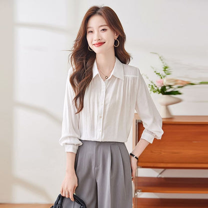 Collared Ruched Satin Shirt with Long Sleeves