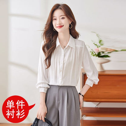 Collared Ruched Satin Shirt with Long Sleeves