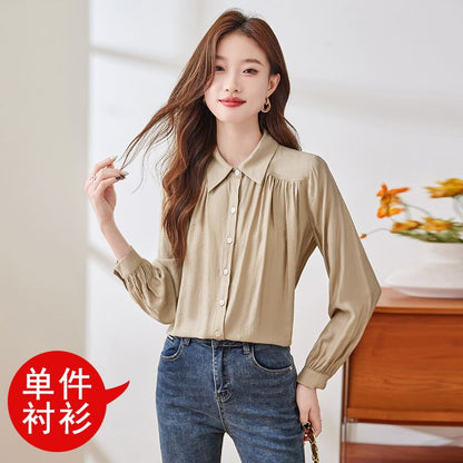 Collared Ruched Satin Shirt with Long Sleeves