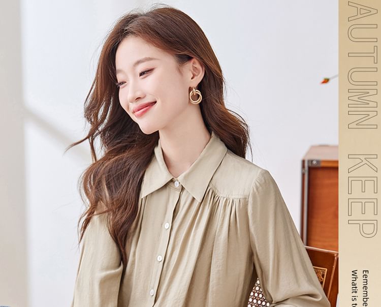 Collared Ruched Satin Shirt with Long Sleeves