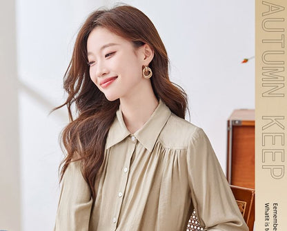 Collared Ruched Satin Shirt with Long Sleeves