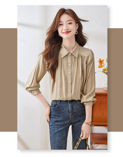Collared Ruched Satin Shirt with Long Sleeves