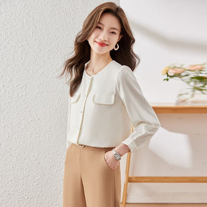 Crewneck Satin Shirt with Pearl Embellishments