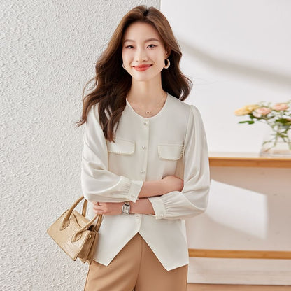 Crewneck Satin Shirt with Pearl Embellishments