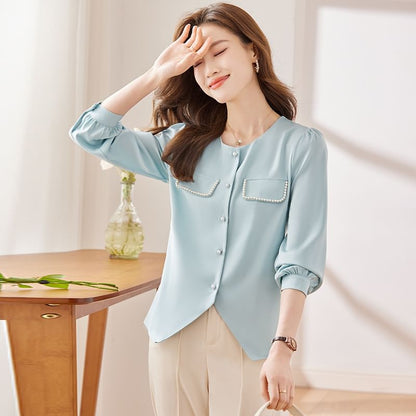 Crewneck Satin Shirt with Pearl Embellishments