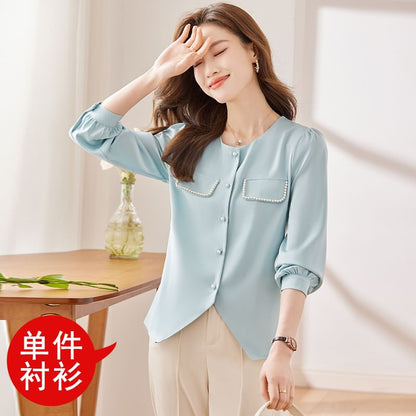 Crewneck Satin Shirt with Pearl Embellishments