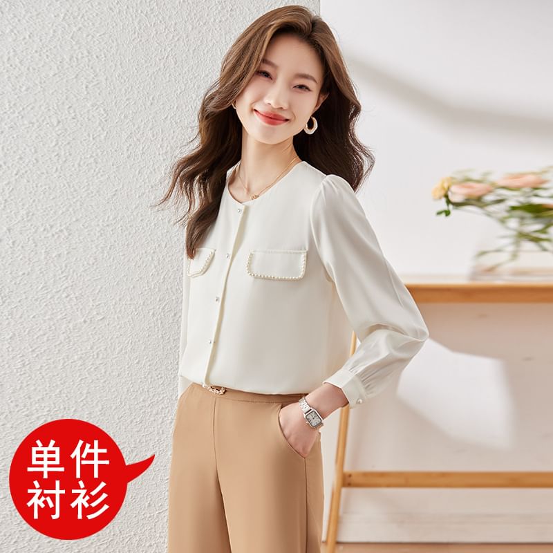 Crewneck Satin Shirt with Pearl Embellishments