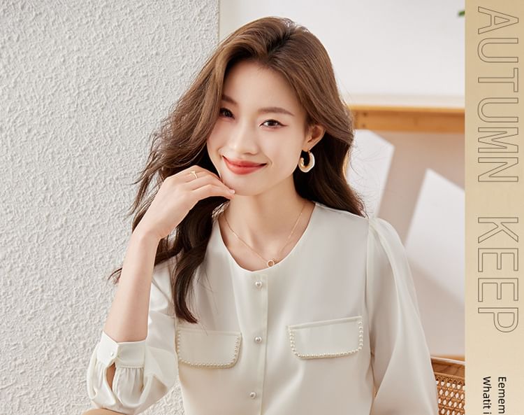 Crewneck Satin Shirt with Pearl Embellishments