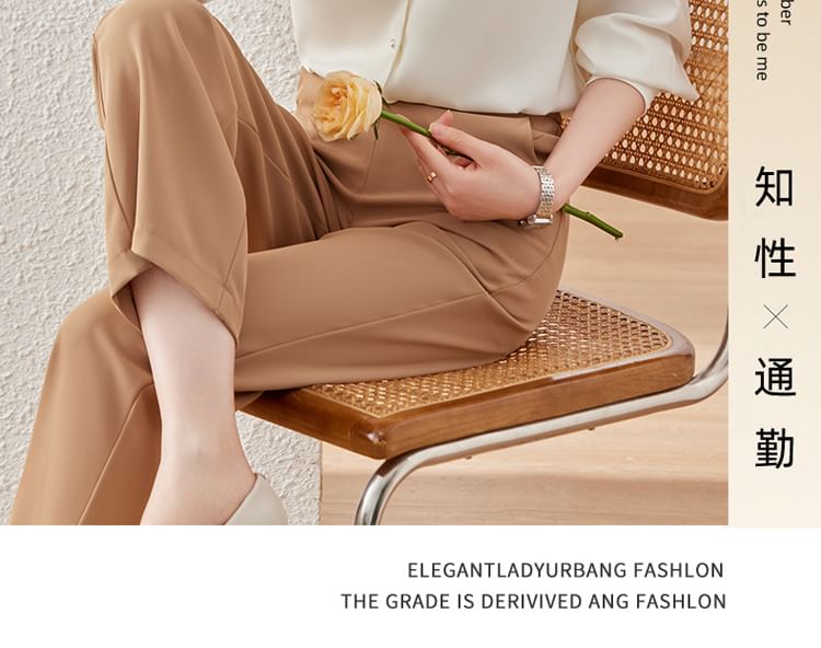 Crewneck Satin Shirt with Pearl Embellishments