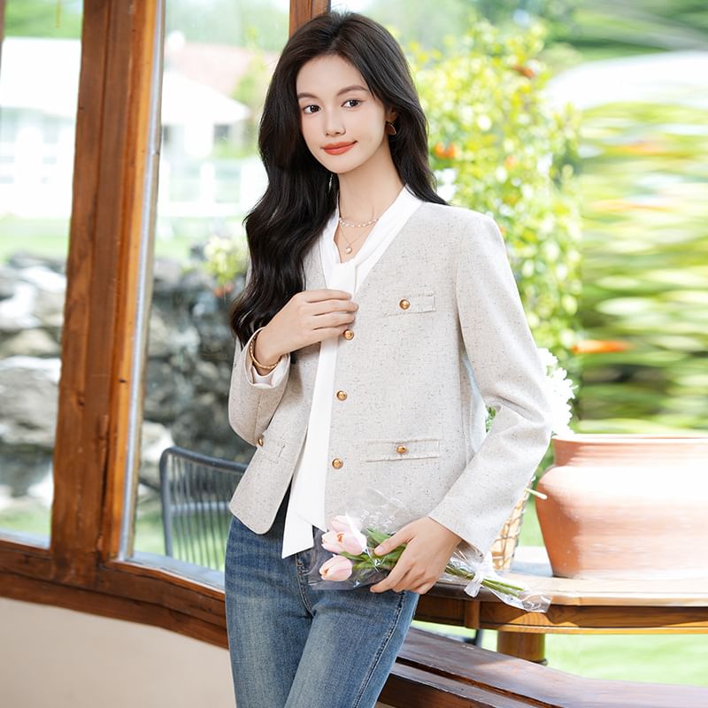 Frayed Jacket and Tie-Neck Blouse Matching Set