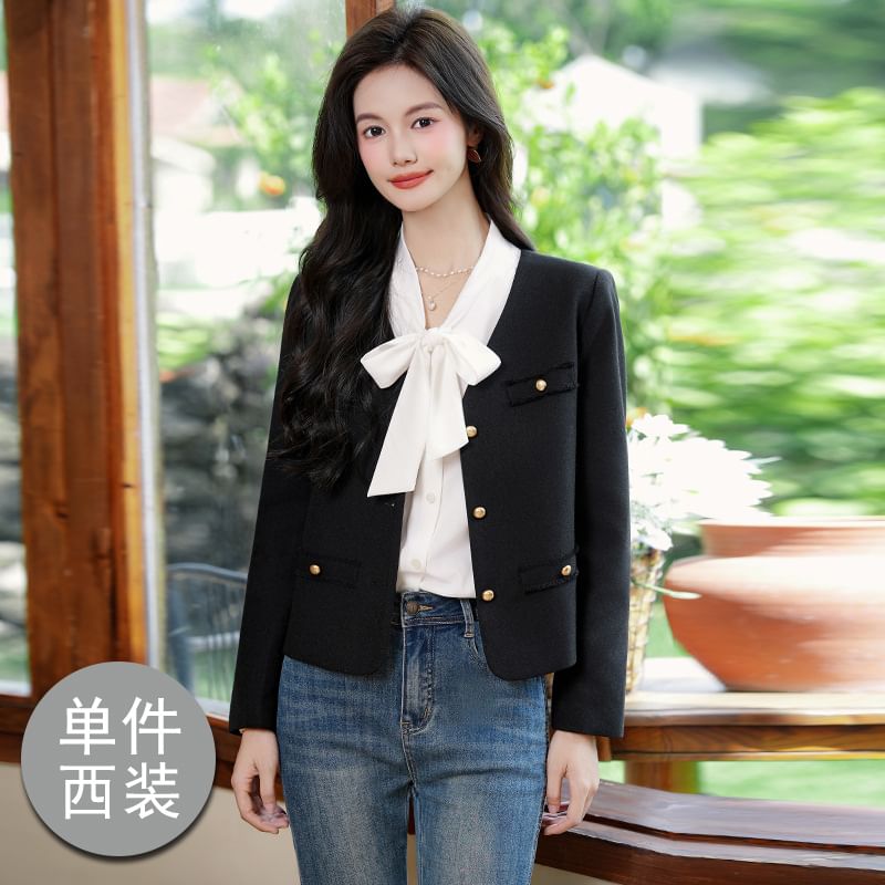 Frayed Jacket and Tie-Neck Blouse Matching Set