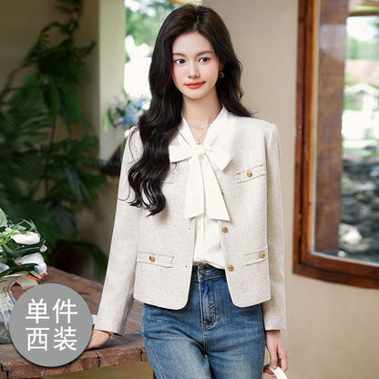 Frayed Jacket and Tie-Neck Blouse Matching Set