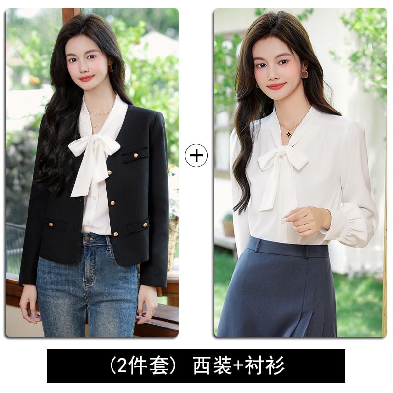 Frayed Jacket and Tie-Neck Blouse Matching Set