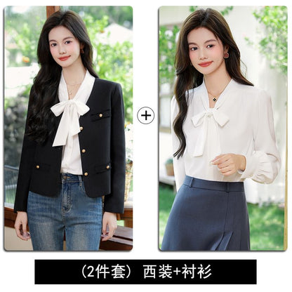 Frayed Jacket and Tie-Neck Blouse Matching Set