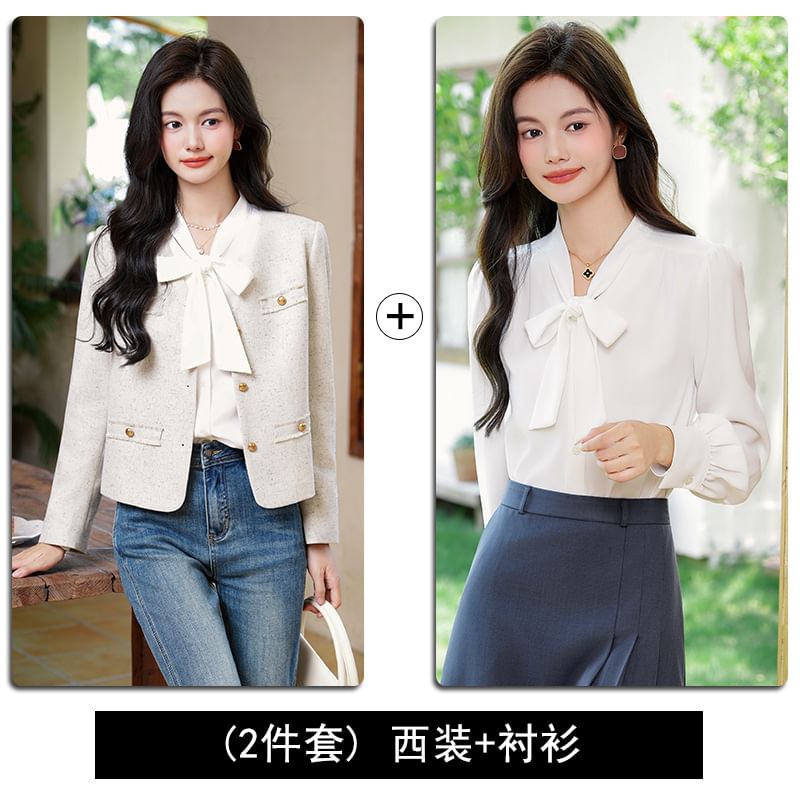 Frayed Jacket and Tie-Neck Blouse Matching Set