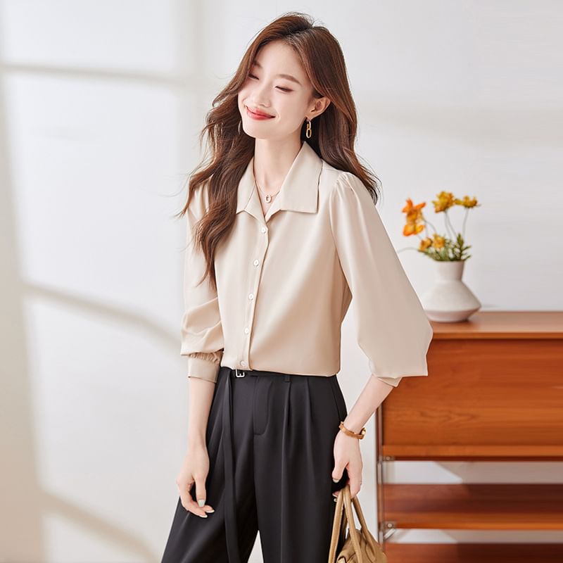 Classic Collared Long-Sleeve Blouse in Solid Hue