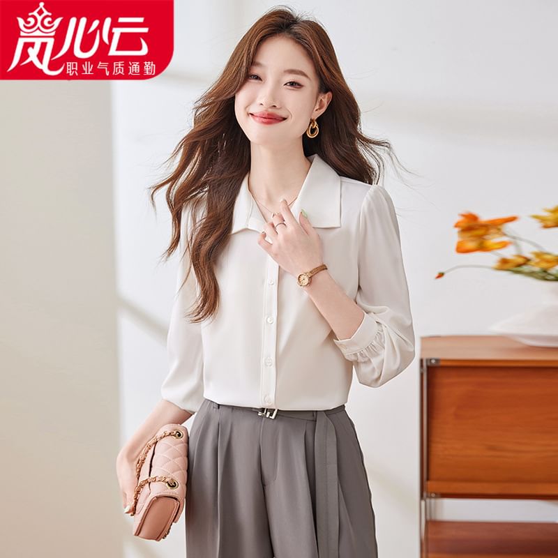 Classic Collared Long-Sleeve Blouse in Solid Hue