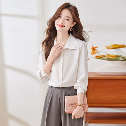 Classic Collared Long-Sleeve Blouse in Solid Hue