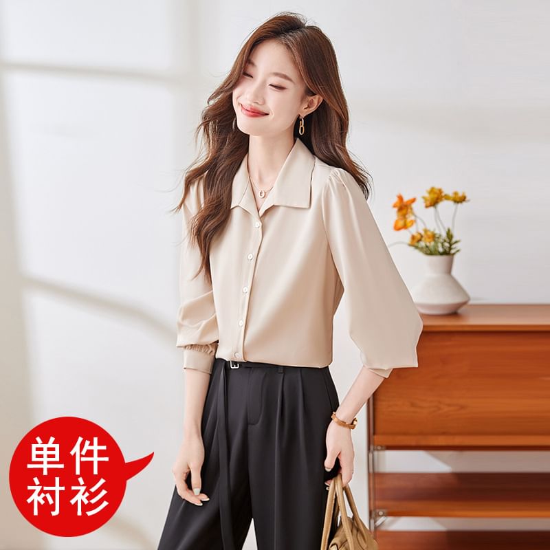 Classic Collared Long-Sleeve Blouse in Solid Hue