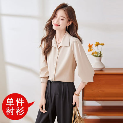Classic Collared Long-Sleeve Blouse in Solid Hue