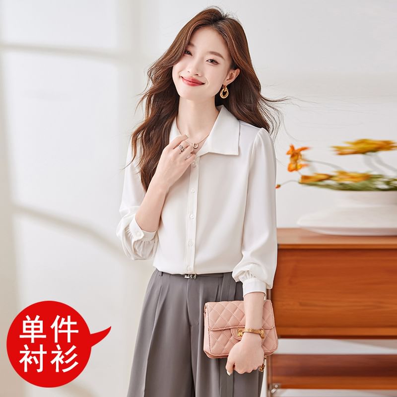 Classic Collared Long-Sleeve Blouse in Solid Hue