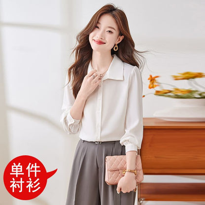 Classic Collared Long-Sleeve Blouse in Solid Hue