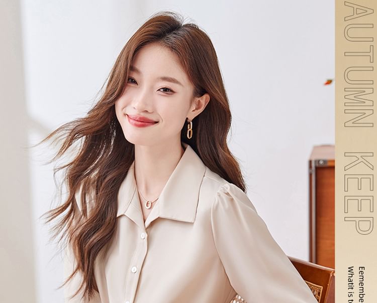 Classic Collared Long-Sleeve Blouse in Solid Hue