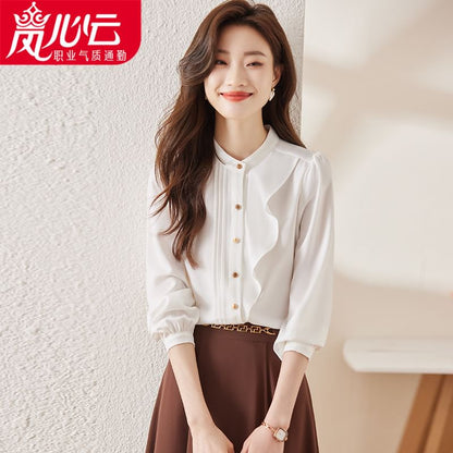 Stand Collar Satin Blouse with Ruffle Trim