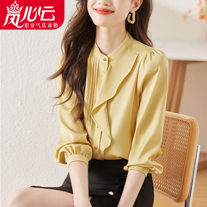 Stand Collar Satin Blouse with Ruffle Trim