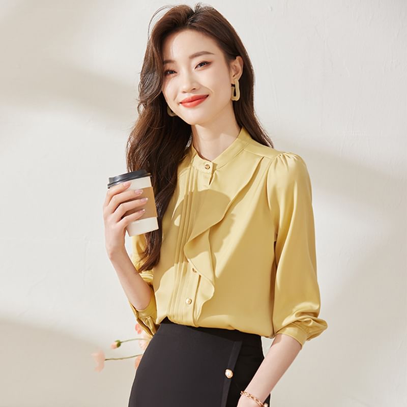 Stand Collar Satin Blouse with Ruffle Trim
