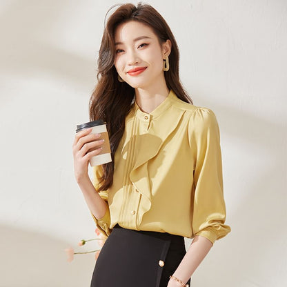 Stand Collar Satin Blouse with Ruffle Trim