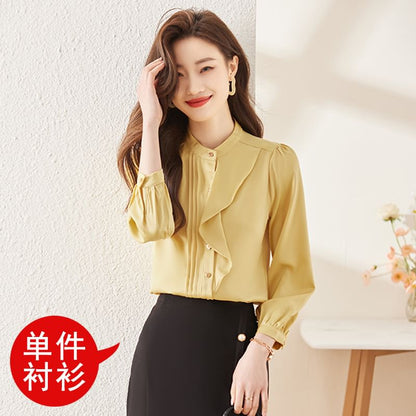 Stand Collar Satin Blouse with Ruffle Trim