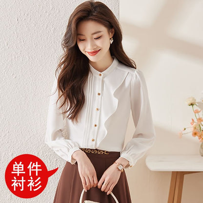 Stand Collar Satin Blouse with Ruffle Trim