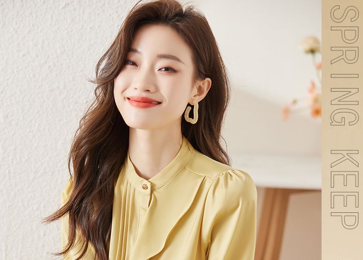Stand Collar Satin Blouse with Ruffle Trim