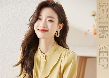 Stand Collar Satin Blouse with Ruffle Trim