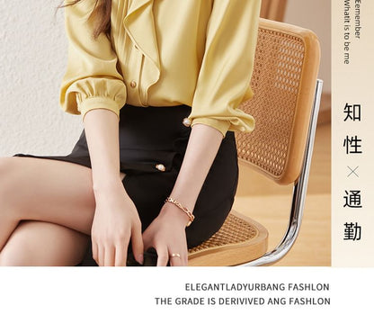 Stand Collar Satin Blouse with Ruffle Trim