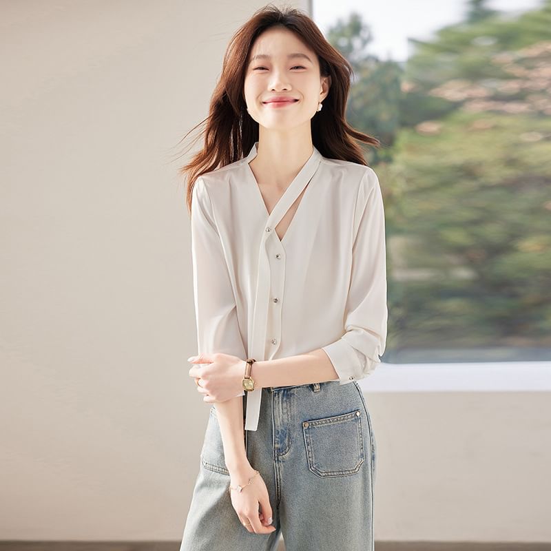 V-Neck Satin Button-Front Top with Extended Sleeves