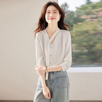 V-Neck Satin Button-Front Top with Extended Sleeves