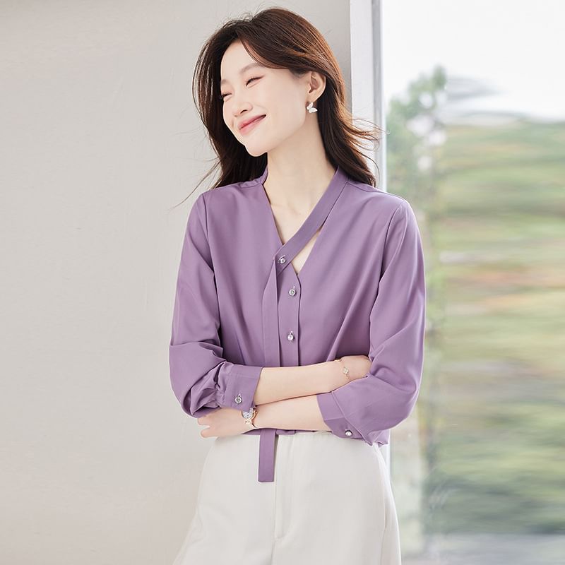 V-Neck Satin Button-Front Top with Extended Sleeves