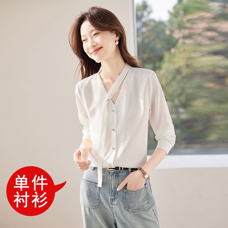 V-Neck Satin Button-Front Top with Extended Sleeves
