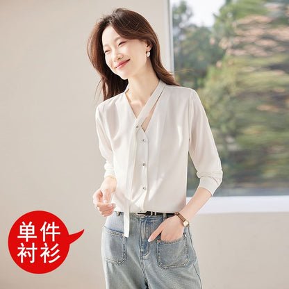 V-Neck Satin Button-Front Top with Extended Sleeves