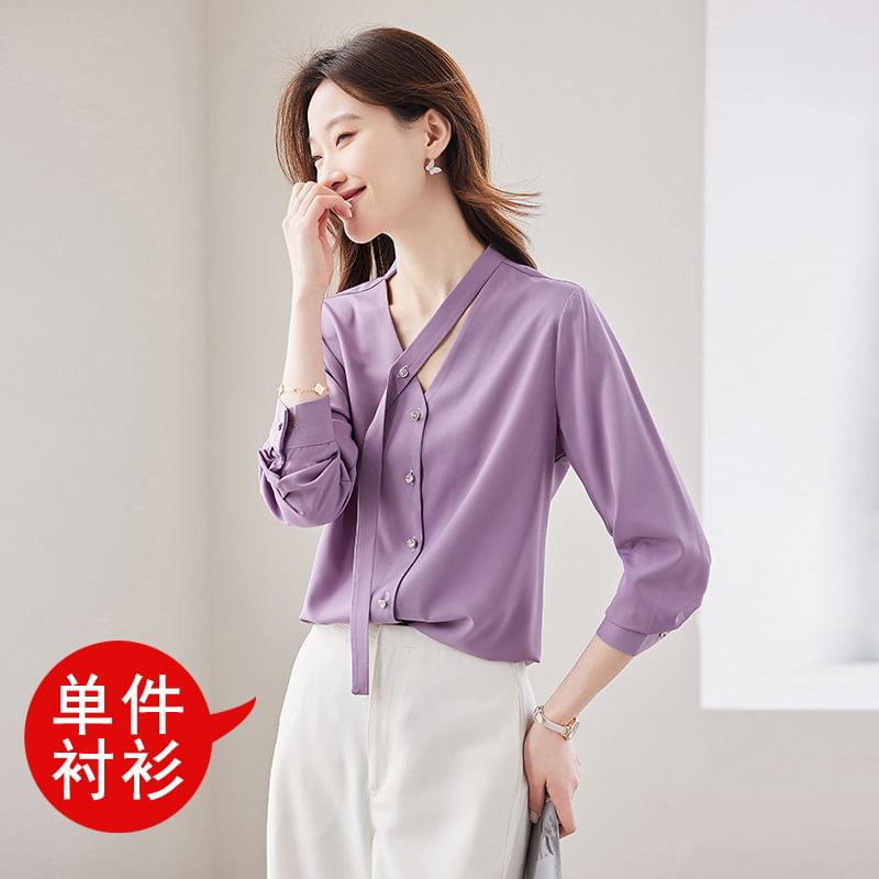 V-Neck Satin Button-Front Top with Extended Sleeves