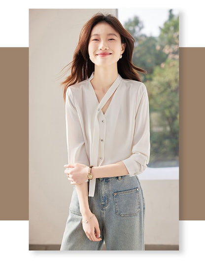 V-Neck Satin Button-Front Top with Extended Sleeves