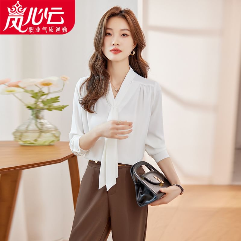 Scarf-Collar Satin Top with Extended Sleeves