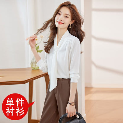 Scarf-Collar Satin Top with Extended Sleeves