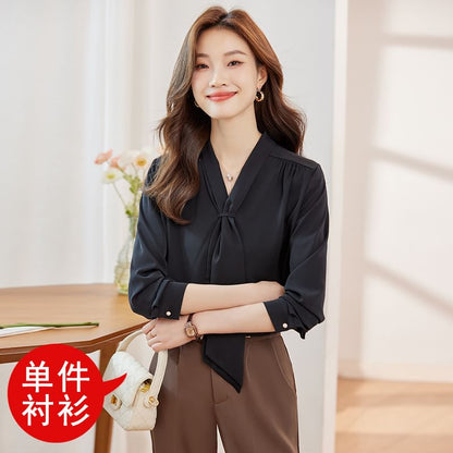 Scarf-Collar Satin Top with Extended Sleeves