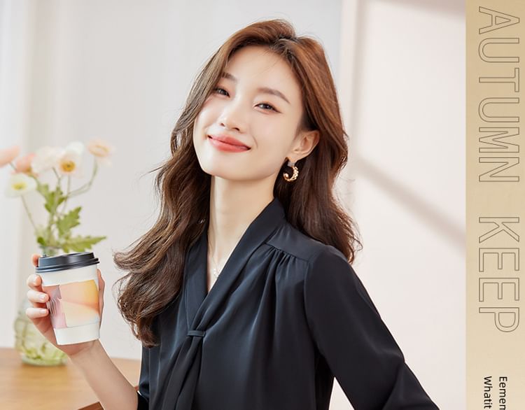 Scarf-Collar Satin Top with Extended Sleeves