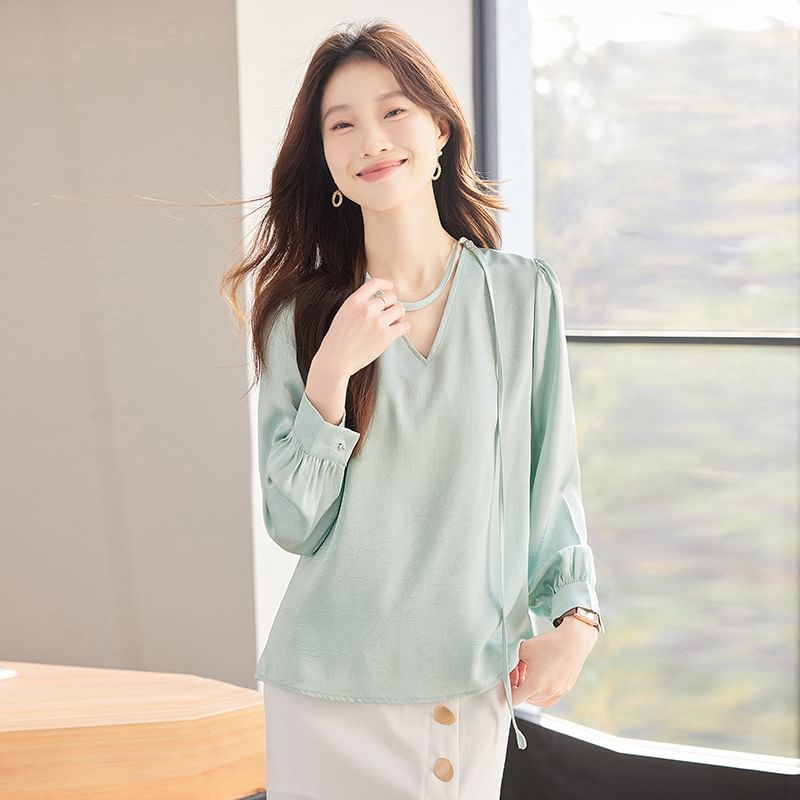Elegant Long-Sleeve V-Neck Satin Shirt