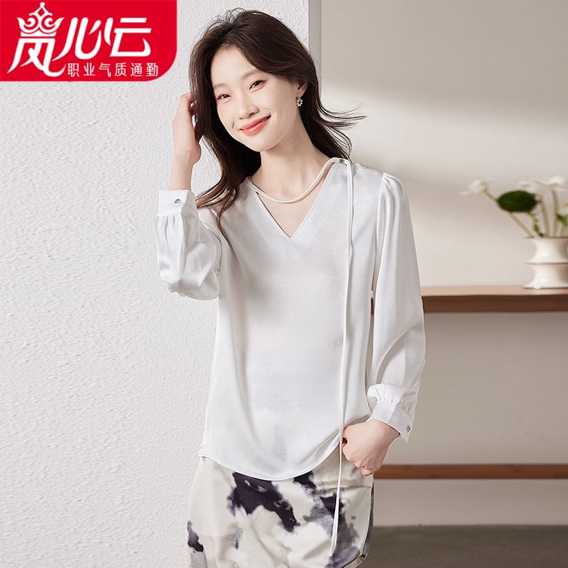 Elegant Long-Sleeve V-Neck Satin Shirt