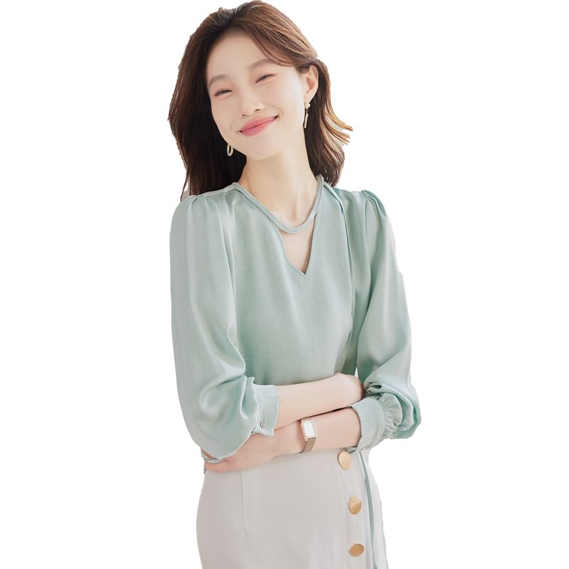 Elegant Long-Sleeve V-Neck Satin Shirt